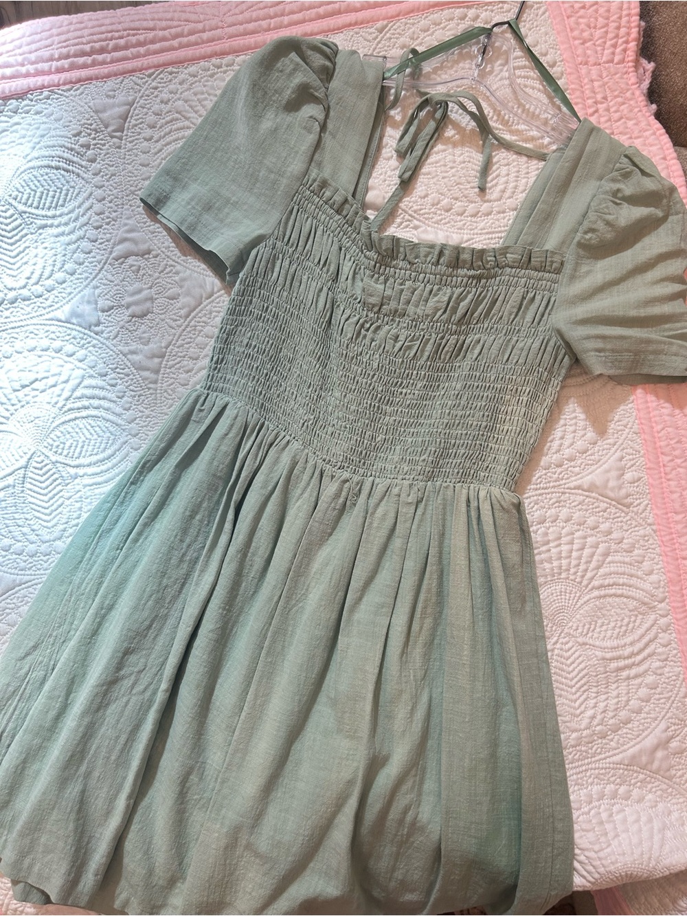 Very J Sage Green Smocked Mini Dress